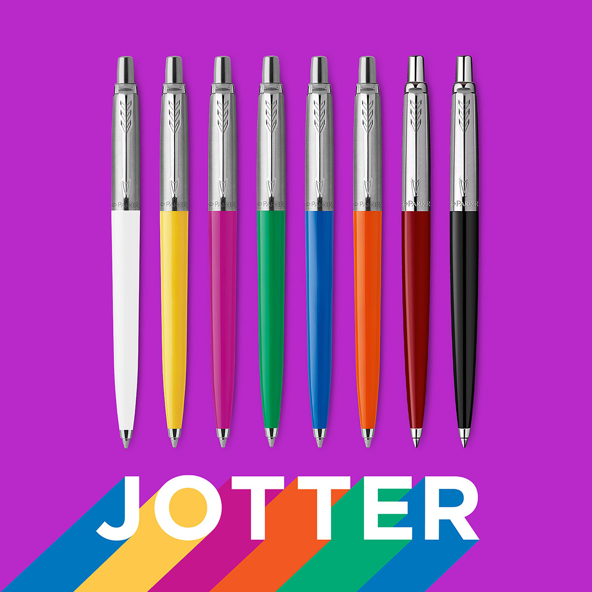 Kolorowe długopisy Parker Jotter Originals w ośmiu wersjach kolorystycznych na fioletowym tle