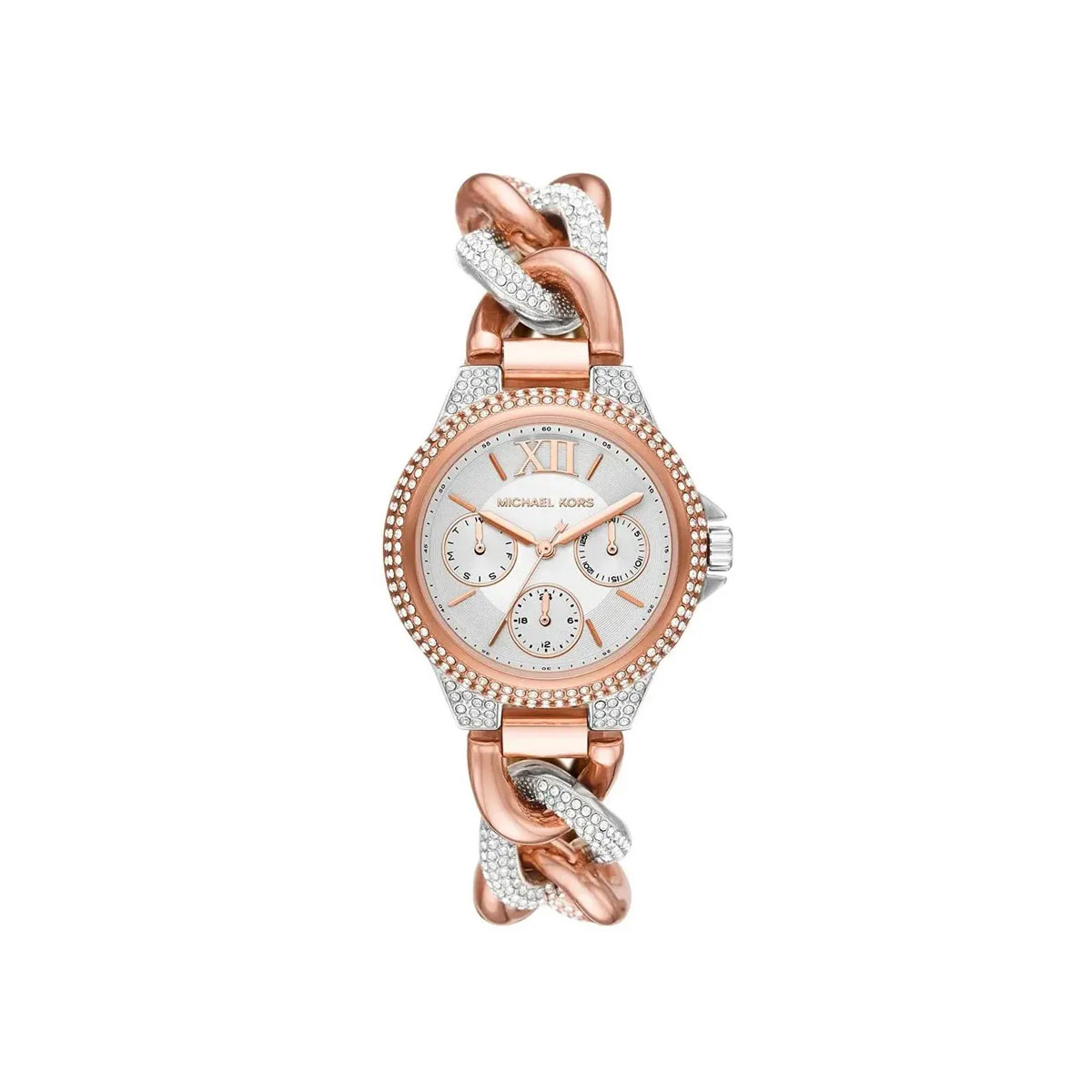 Damski zegarek Michael Kors w kolorze różowego złota z ozdobną bransoletą.