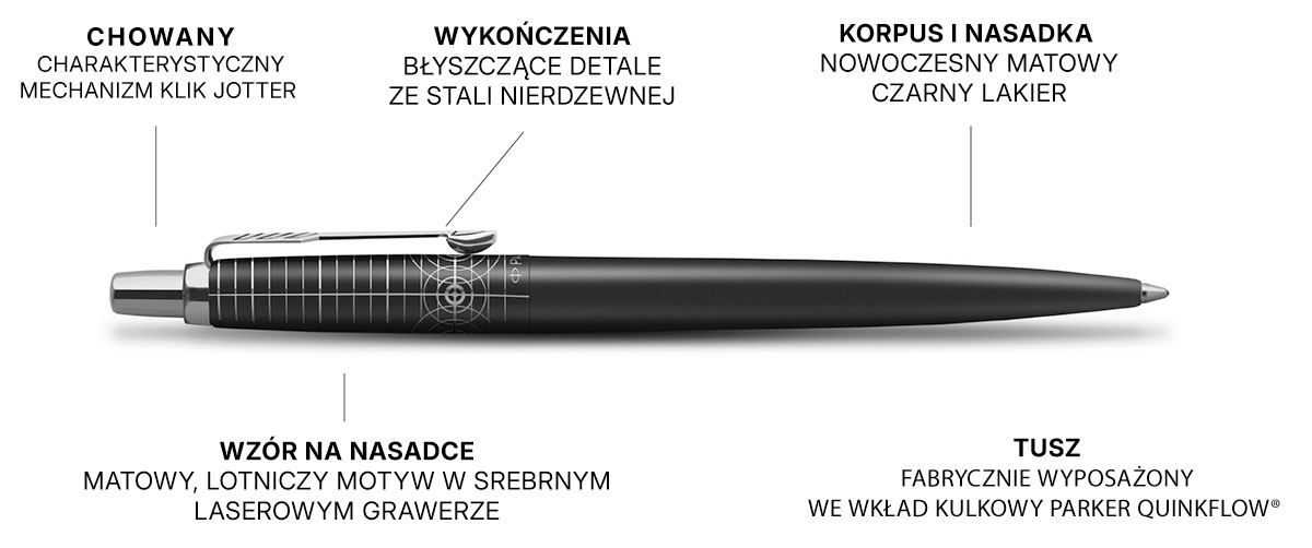 Długopis Parker Jotter XL Legacy of Flight 2227803 czarny matowy z lotniczym grawerem w pełnym ujęciu