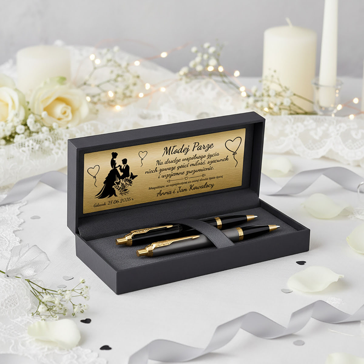 Personalizowany zestaw Parker IM dla Pary Młodej ze złotą tabliczką ślubną w eleganckim pudełku