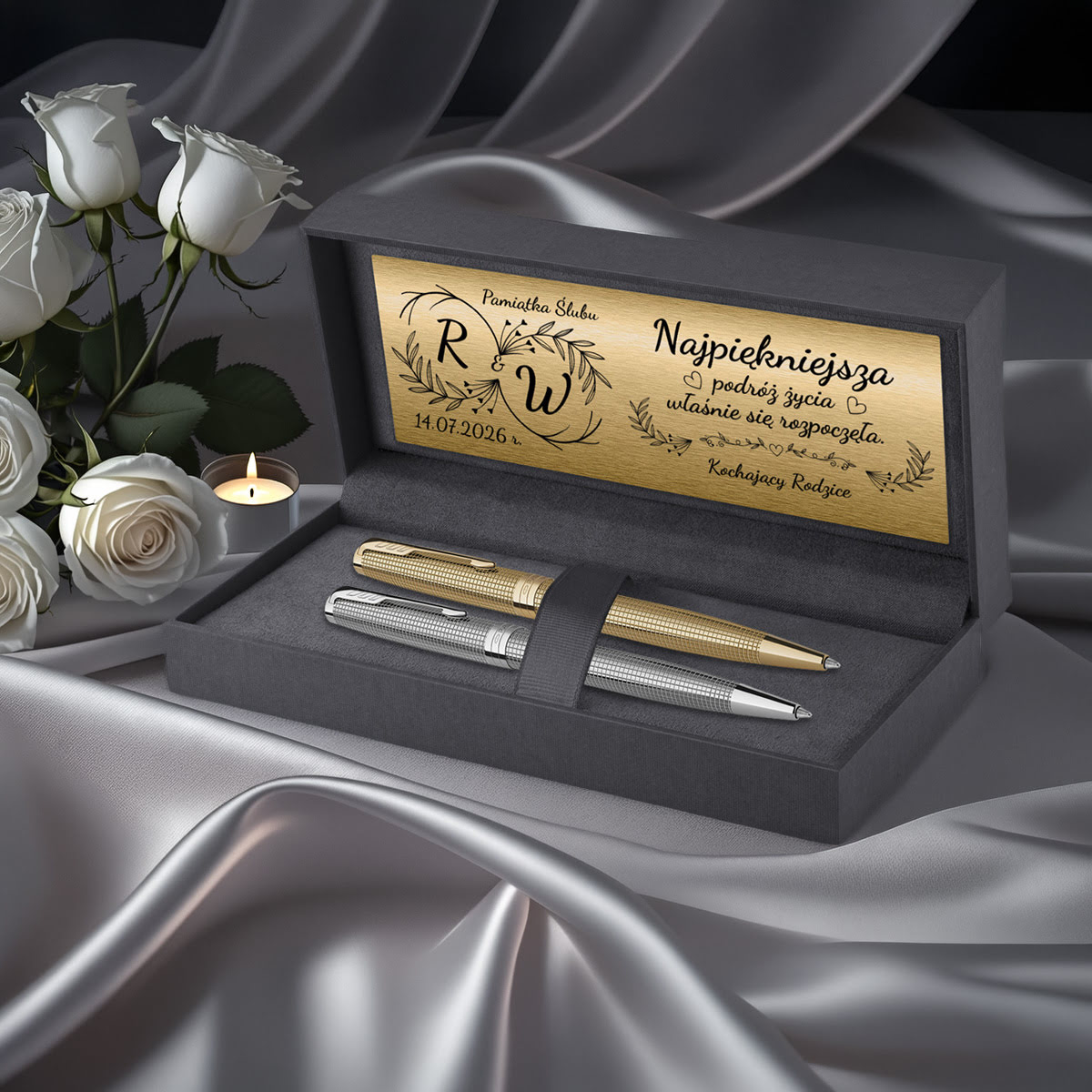 Ekskluzywny zestaw ślubny Parker Sonnet Cisel&eacute; ze złotym i palladowym długopisem oraz personalizowaną tabliczką z grawerem