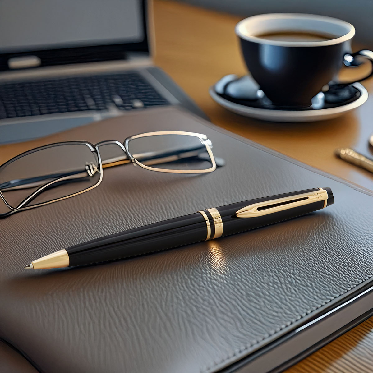długopis Waterman Expert czarny GT na skórzanym folderze obok okularów i filiżanki kawy
