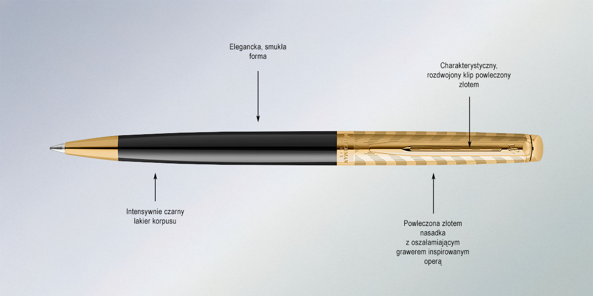 Długopis Waterman Hémisphère Opera GT smukła forma, czarny lakier, złota grawerowana nasadka