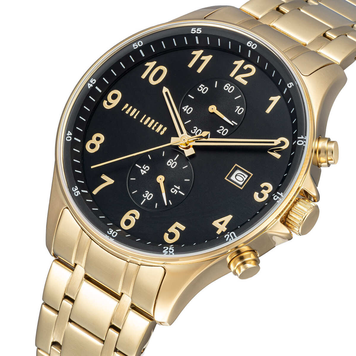 Zegarek Paul Lorens złota koperta złota bransoleta czarna tarcza na białym tle