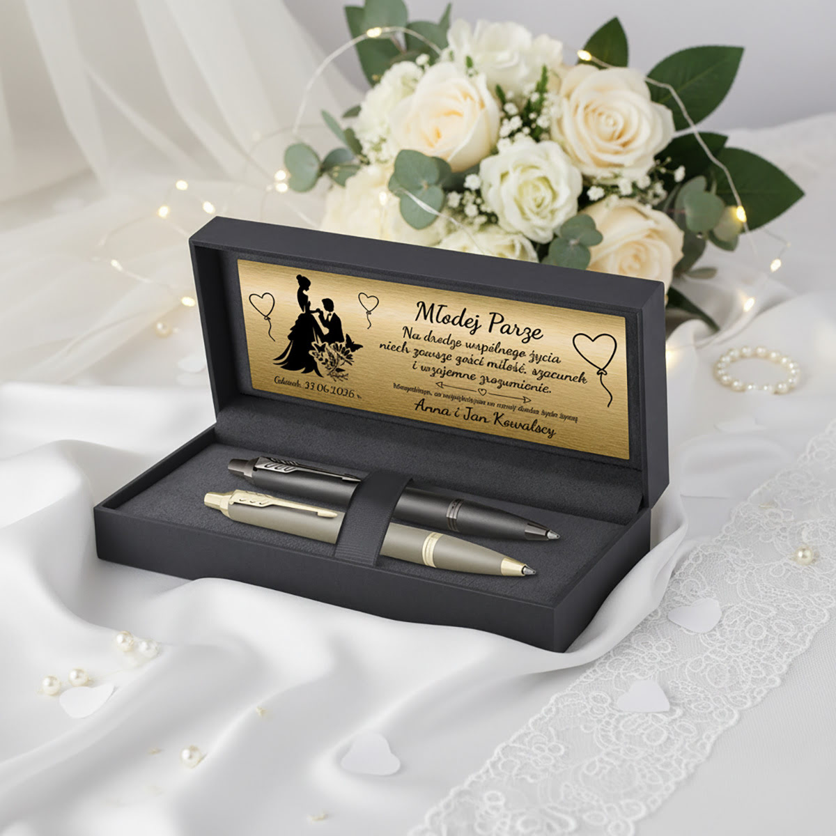 Personalizowany zestaw Parker IM dla Pary Młodej ze złotą tabliczką w eleganckim pudełku prezentowym