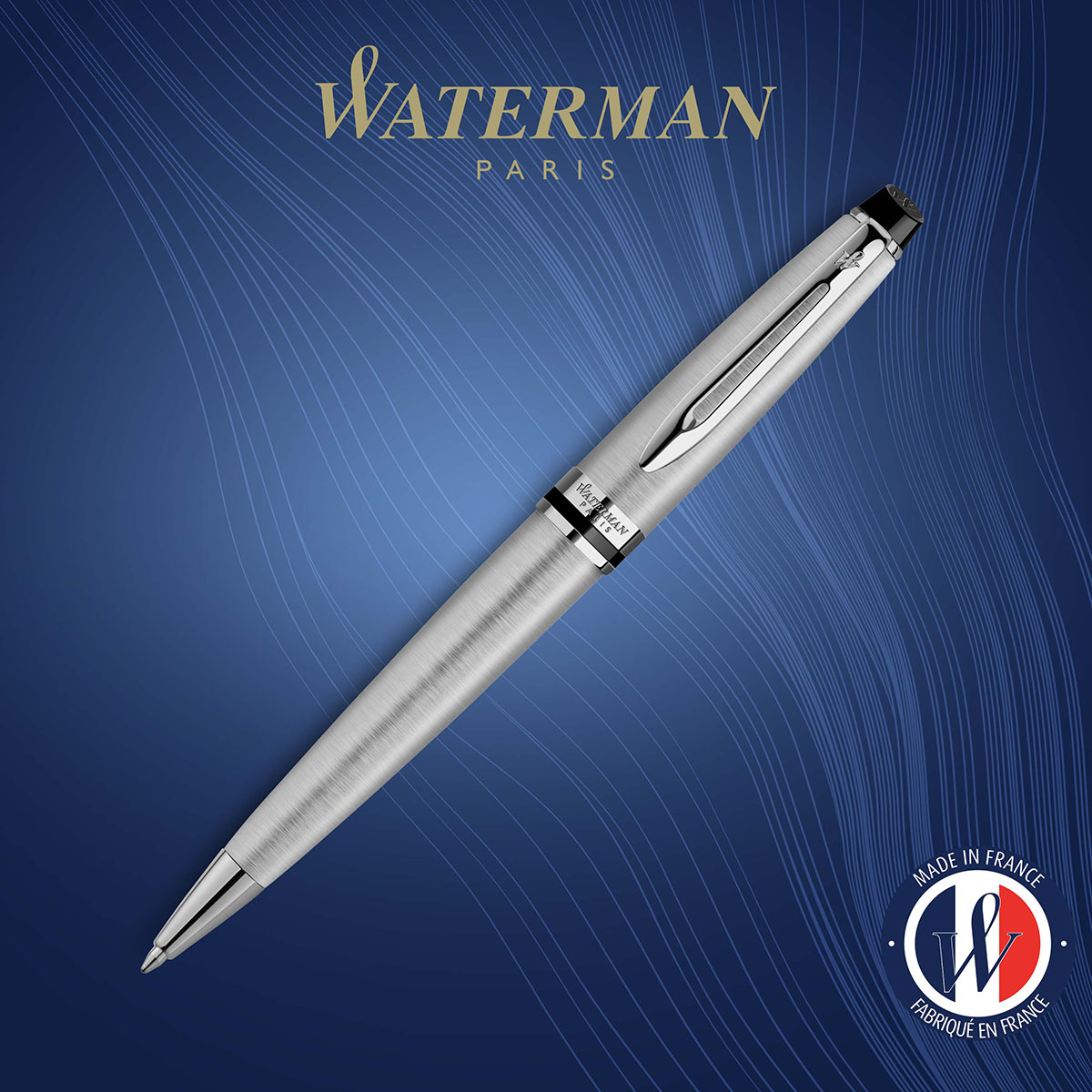 długopis Waterman Expert stalowy CT ze szczotkowanej stali na tle z logo Waterman Paris