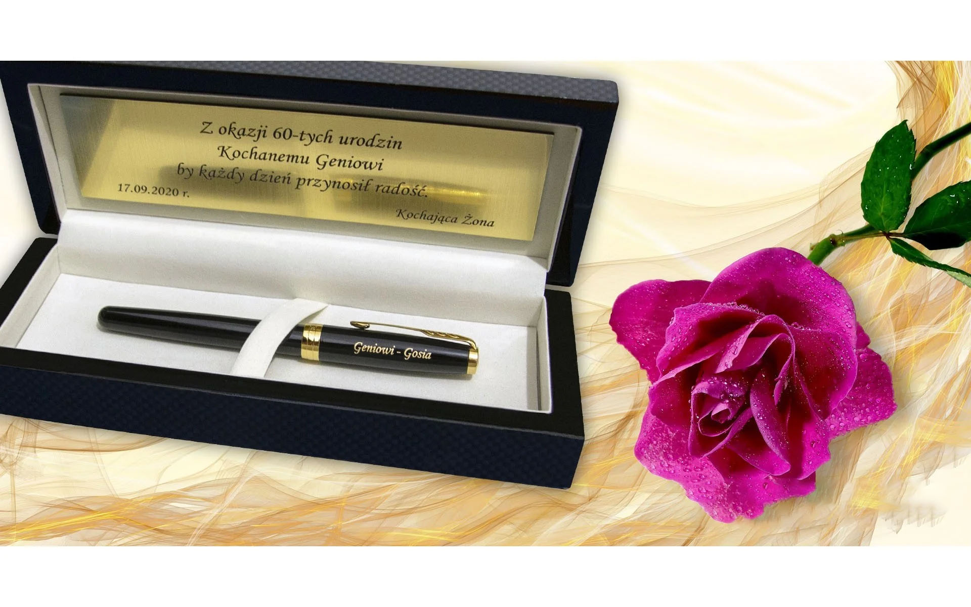 Pióro wieczne Parker Sonnet Czarne GT [1931495] w eleganckim pudełku prezentowym z dedykacją „Geniowi - Gosia” na korpusie oraz tabliczką z okazji 60-tych urodzin.