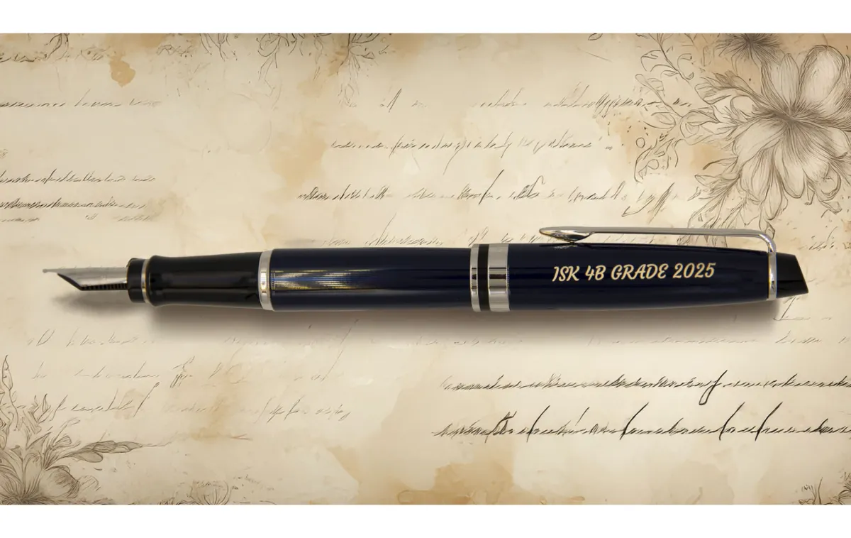 Pi&oacute;ro wieczne Waterman Expert Blue Core CT [2214207] w granatowym wykończeniu z chromowanymi detalami, z grawerem &bdquo;ISK 4B GRADE 2025&rdquo; na korpusie, zaprezentowane na tle ozdobnego pergaminu z kwiatowym motywem.